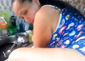 Stepson can't stand the sight of his stepmother's ass, so he ends up fucking her in the kitchen and leaving her covered in cum