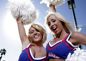 Jessica Lynn and Krissy Lynn trade turns on one cock in matching purple cheer uniforms